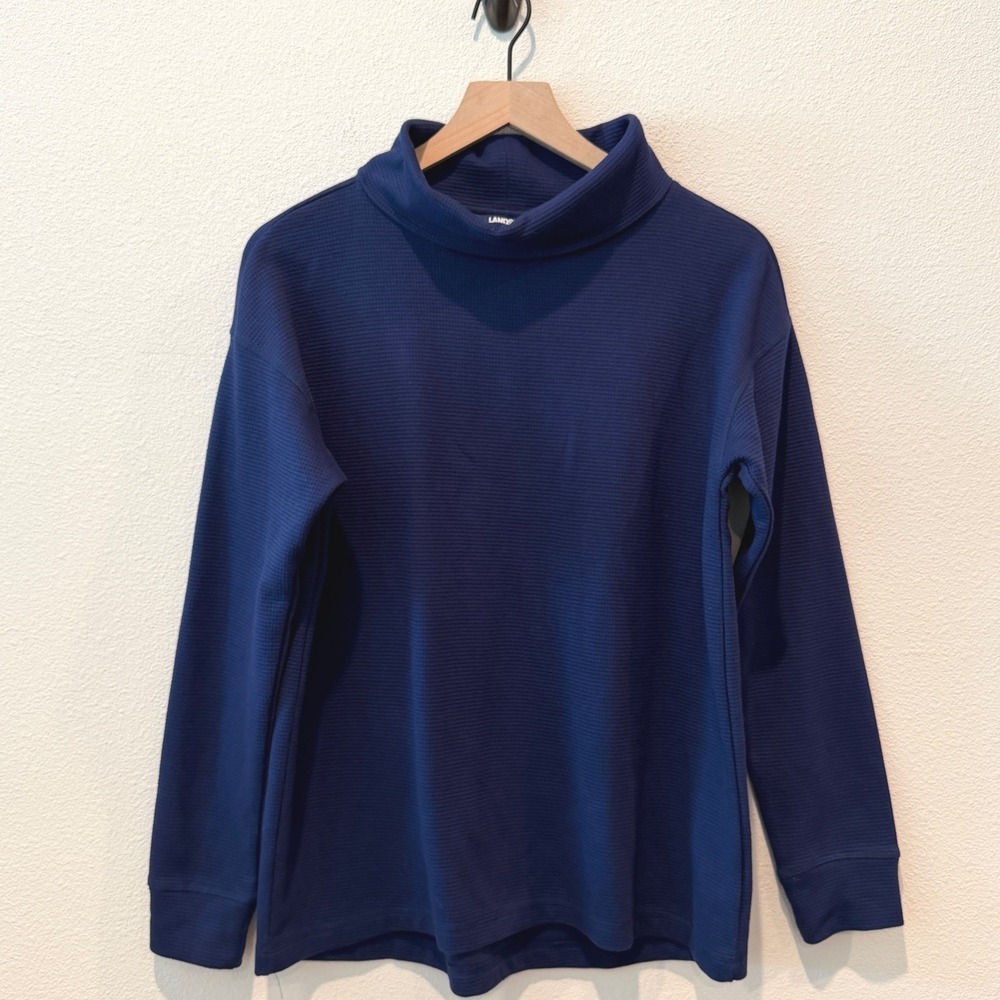 LANDS' END Women Top Size M Navy Blue Waffle Knit Funnel Neck Long Sleeve Casual